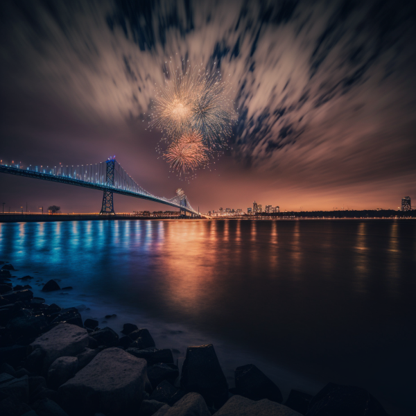 Fireworks Over The Delaware River on New Years Eve